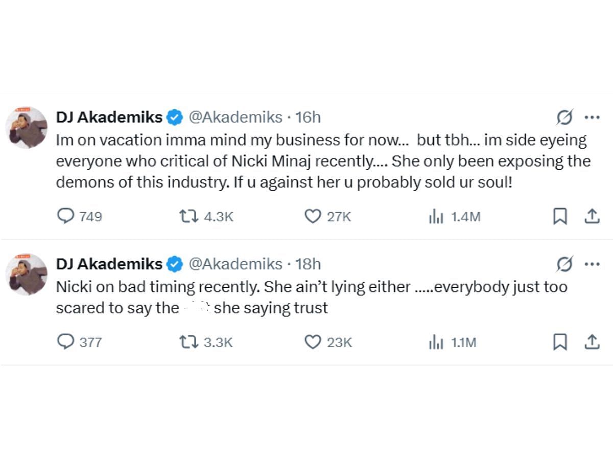 DJ Akademiks' tweet supporting Nicki (Image via X/@Akademiks)